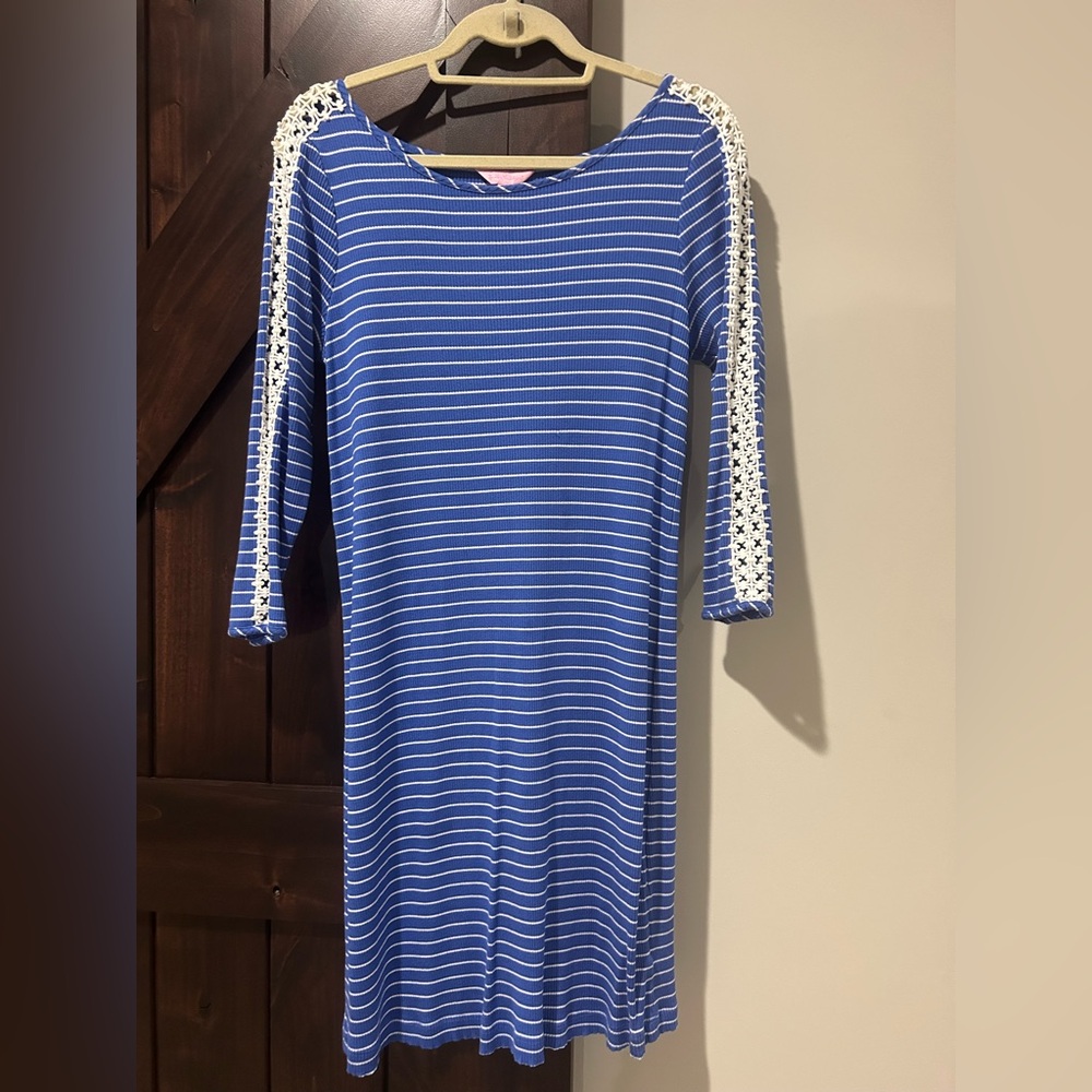 Blue Striped Dress with Lace Detail
